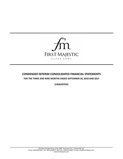 Thumbnail First Majestic Silver
 Quarterly Report 2018-q3
