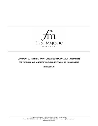 Thumbnail First Majestic Silver
 Quarterly Report 2019-q3
