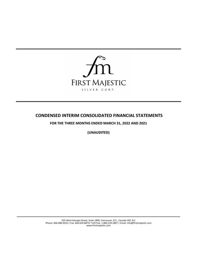 Thumbnail First Majestic Silver
 Quarterly Report 2022-q1