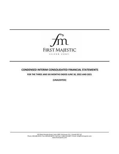 Thumbnail First Majestic Silver
 Quarterly Report 2022-q2