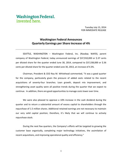 Thumbnail WaFd Bank Quarterly Report 2014-q3