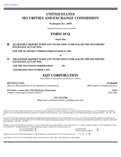 Thumbnail EQT Corporation
 Quarterly Report 2014-q1