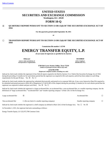 Thumbnail Energy Transfer LP
 Quarterly Report 2011-q3