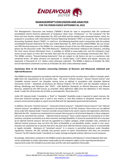 Thumbnail Endeavour Silver Quarterly Report 2015-q3