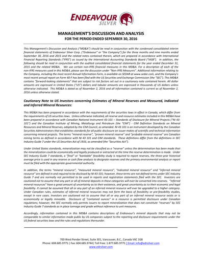 Thumbnail Endeavour Silver Quarterly Report 2016-q3