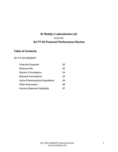 Vorschaubild Dr. Reddy's Laboratories Quartalsbericht 2003-2004-q1