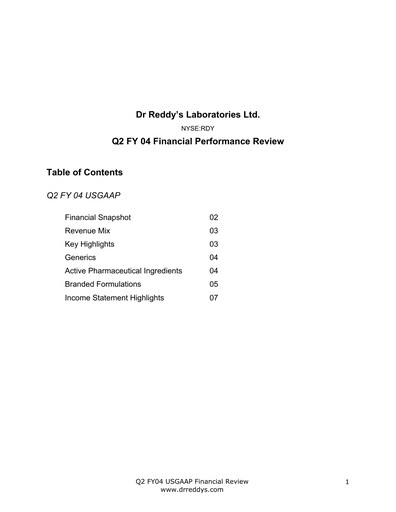 Vorschaubild Dr. Reddy's Laboratories Quartalsbericht 2003-2004-q2