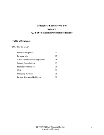 Vorschaubild Dr. Reddy's Laboratories Quartalsbericht 2006-2007-q3