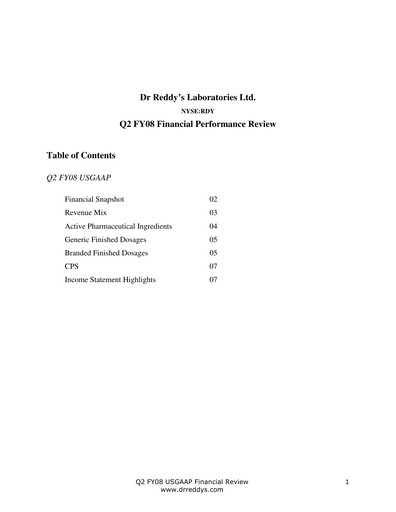 Vorschaubild Dr. Reddy's Laboratories Quartalsbericht 2007-2008-q2