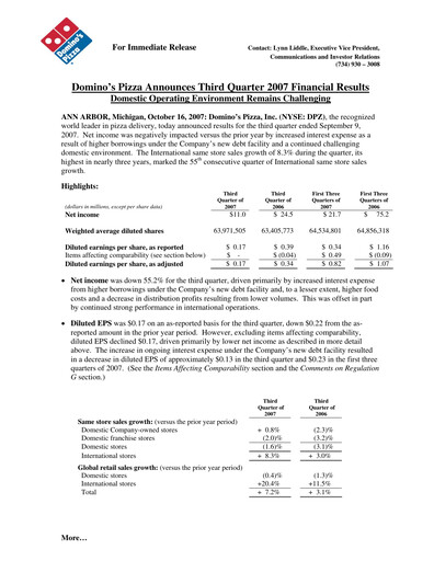 Thumbnail Domino's Pizza Quarterly Report 2007-q3