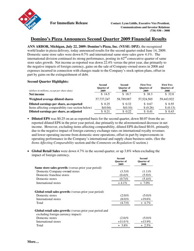 Thumbnail Domino's Pizza Quarterly Report 2009-q2
