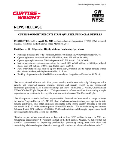 Thumbnail Curtiss-Wright
 Quarterly Report 2015-q1