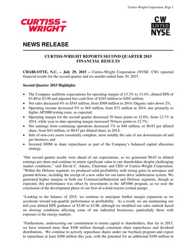 Thumbnail Curtiss-Wright
 Quarterly Report 2015-q2