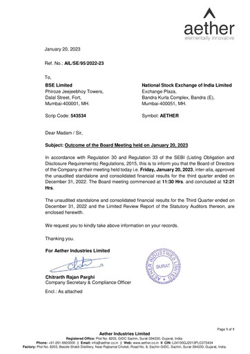 Thumbnail Aether Industries Quarterly Report 2022-2023-q3