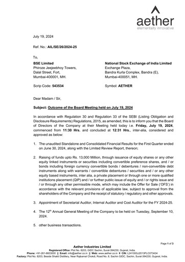 Thumbnail Aether Industries Quarterly Report 2024-2025-q1