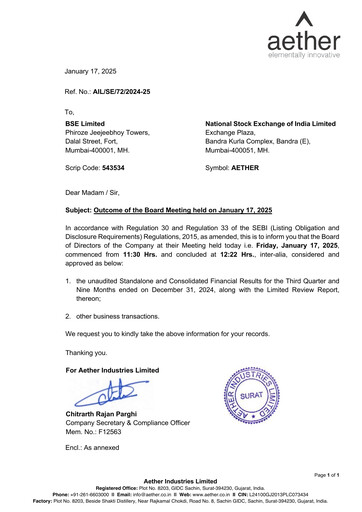 Thumbnail Aether Industries Quarterly Report 2024-2025-q3