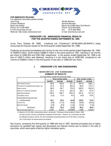 Thumbnail Credicorp Quarterly Report 1998-q3