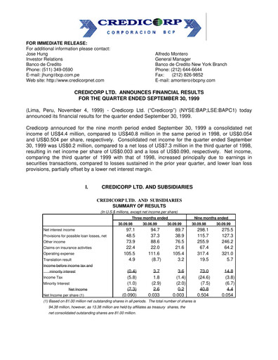 Thumbnail Credicorp Quarterly Report 1999-q3