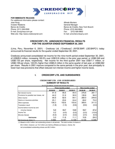 Thumbnail Credicorp Quarterly Report 2001-q3