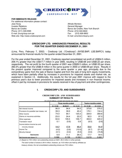 Thumbnail Credicorp Quarterly Report 2001-q4
