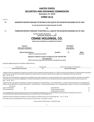Thumbnail Crane Company Quarterly Report 2022-q3