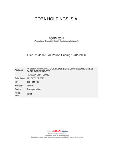 Thumbnail Copa Holdings
 Annual Report 2006