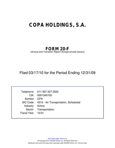 Thumbnail Copa Holdings
 Annual Report 2009