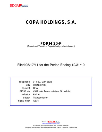 Thumbnail Copa Holdings
 Annual Report 2010