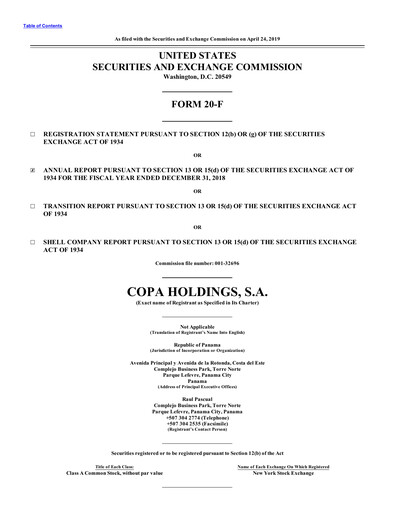 Thumbnail Copa Holdings
 Annual Report 2018