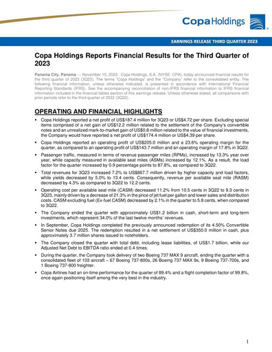 Thumbnail Copa Holdings
 Quarterly Report 2023-q3