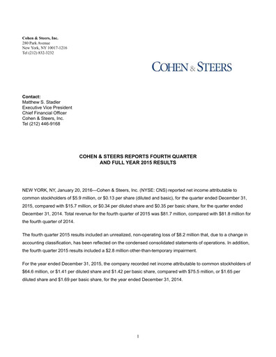Miniature Cohen & Steers Rapport trimestriel 2015-q4