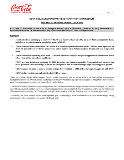 Thumbnail Coca-Cola European Partners
 Half-year Report 2016-h1