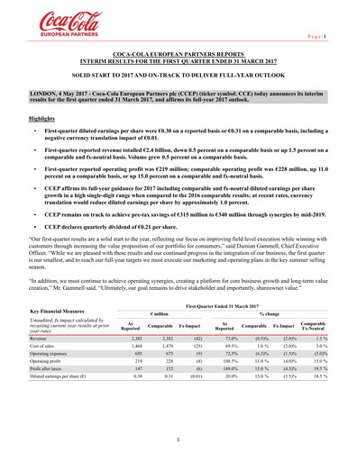 Thumbnail Coca-Cola European Partners
 Quarterly Report 2017-q1