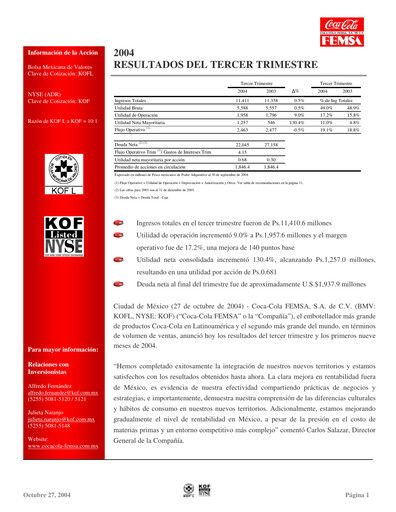 Miniature Coca-Cola FEMSA Rapport trimestriel 2004-q3