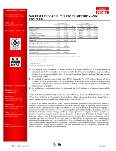 Miniature Coca-Cola FEMSA Rapport trimestriel 2011-q4