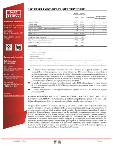 Miniature Coca-Cola FEMSA Rapport trimestriel 2013-q1