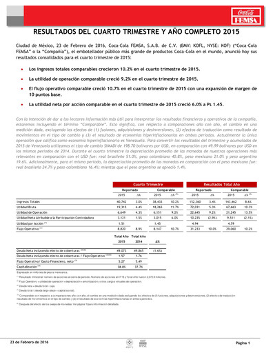 Miniature Coca-Cola FEMSA Rapport trimestriel 2015-q4