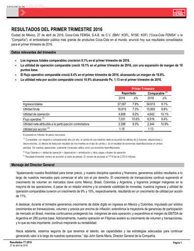 Miniature Coca-Cola FEMSA Rapport trimestriel 2016-q1