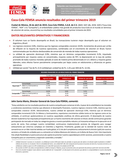 Miniature Coca-Cola FEMSA Rapport trimestriel 2019-q1