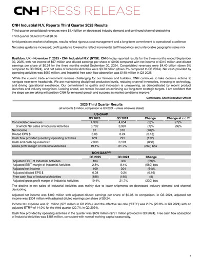 Miniature CNH Industrial
 Rapport trimestriel 2025-q3