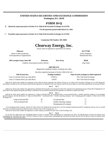 Thumbnail Clearway Energy
 Quarterly Report 2020-q1