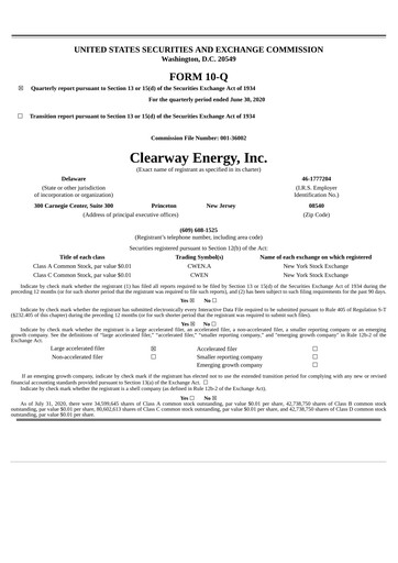 Thumbnail Clearway Energy
 Quarterly Report 2020-q2