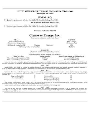 Thumbnail Clearway Energy
 Quarterly Report 2021-q1