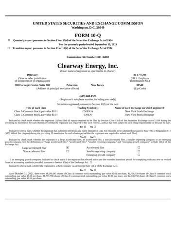 Thumbnail Clearway Energy
 Quarterly Report 2021-q3