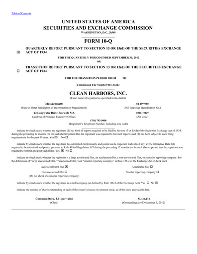 Thumbnail Clean Harbors
 Quarterly Report 2012-q3