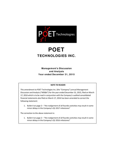 Thumbnail POET Technologies Financial Report 2015