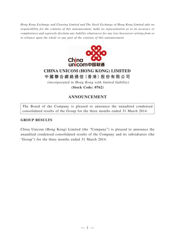 Thumbnail China Unicom Quarterly Report 2014-q1