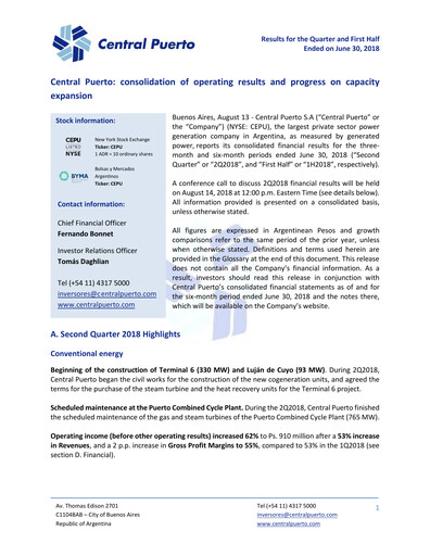 Miniature Central Puerto
 Rapport trimestriel 2018-q2