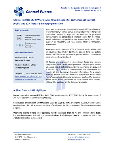 Miniature Central Puerto
 Rapport trimestriel 2018-q3