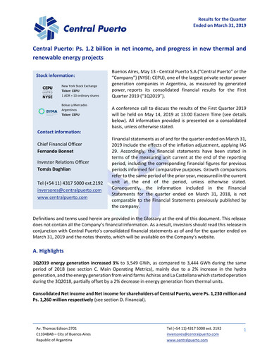 Miniature Central Puerto
 Rapport trimestriel 2019-q1